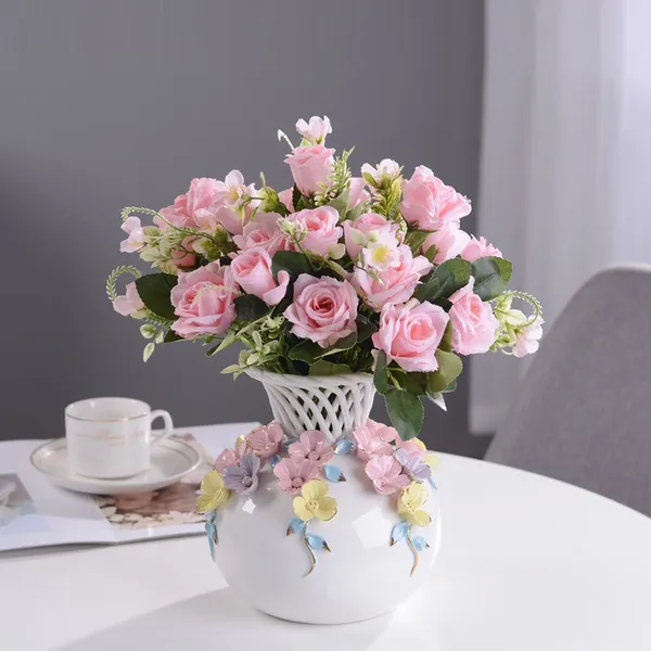Hand Knit Artificial Flower White Round European Style Creative Ceramic Vase For Dining Table photo-4
