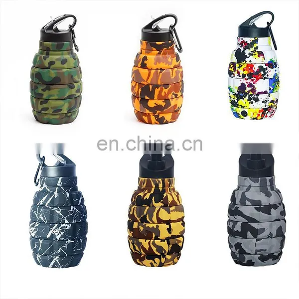 Outdoor Portable Foldable Grenade Sports Water Bottle Reusable Silicone Flask Drink Bottle With Mountaineering Buckle Hook photo-3