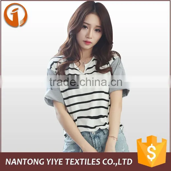 2016 Wholesale EXW Girls/ladies Fashion Cotton Stripe Round Collar Short Sleeve T-shirt Women
