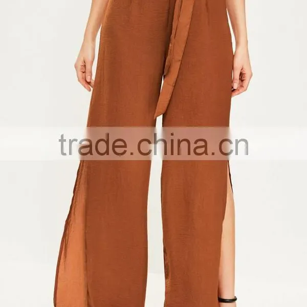 Wholesale Ladies Brown Tie Waist Wide Leg Split Side Pants Women Wide Leg Satin Pants photo-2