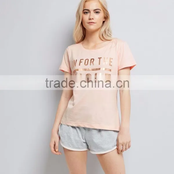 Wholesale Pink Nightwear Pyjamas Set Gold Foil Print 100% Cotton Sleepwear Set Shorts With Piping photo-2