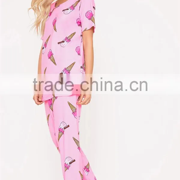 Custom Full Print Women Long PJ Set All Over Print Ladies Sleepwear Pink Ice-cream Print Pajamas Set photo-5