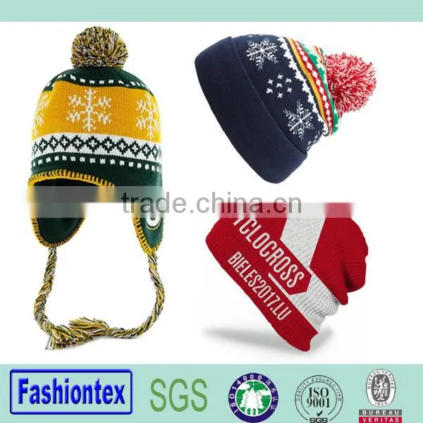 100% Acrylic Custom Knit Earflap Beanie Hats Winter Warm Beanie Hat