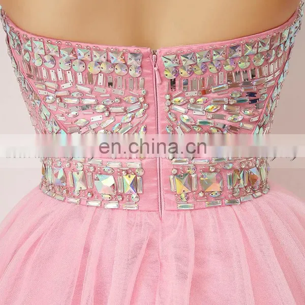 Best Selling Sweetheart Sleeveless Pink Tulle Short Party Dress Crystal Cocktail Dresses photo-6