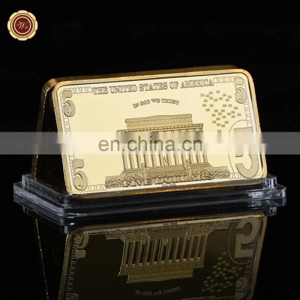 WR 24k Gold Plated Bar USA 5 Bill Dollar Souvenir Coins Fake Bars Quality Us Art Metal Coins for Collection Businesse Gift photo-2