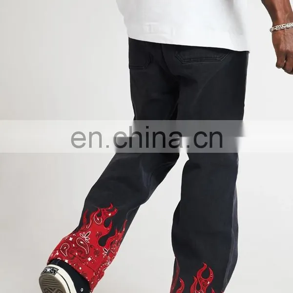 DiZNEW Custom Straight Cut Bottom Pants Flame Printed Jeans Men photo-4