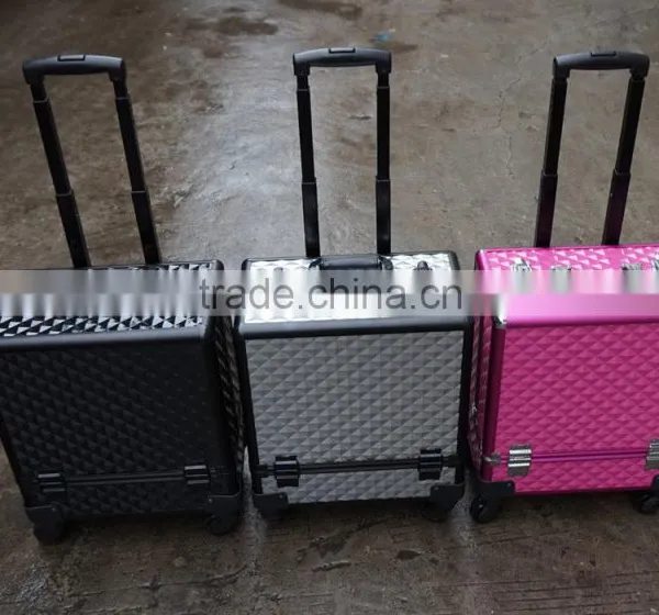 Professional Rolling Cosmetic Case w/ 8 Trays Black/Silver/Pink Diamond Aluminum(XY-877)