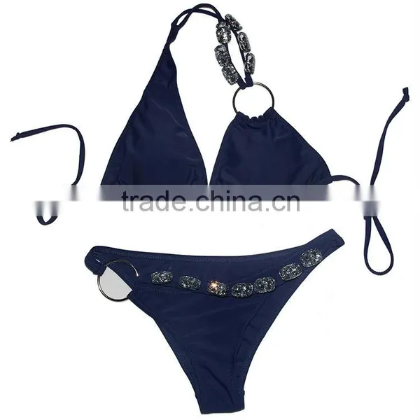 Navy Blue Bikini With Shiny Rhinestones