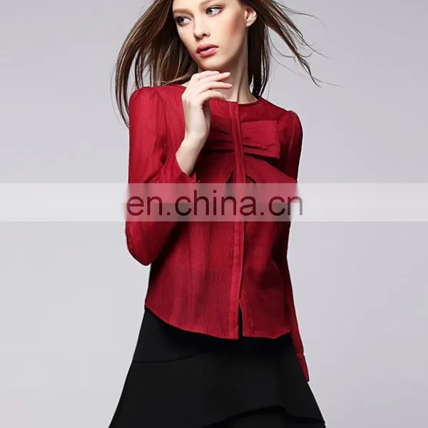 Fashion Red Color Bowknot Round Neck Lond Sleeves Office Lady Linen Shirt Blouse photo-3