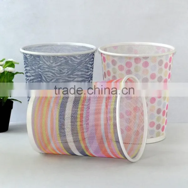 Office Stationery Metal Mesh Round Waste Bin Colorful Printed Pattern Trash Can