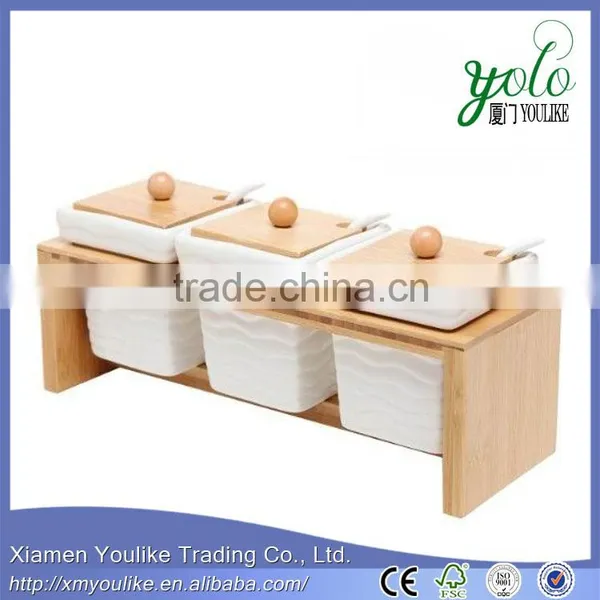 Set of 3 White Ceramic Condiment Pots Spice Serving Jars Bamboo Stand