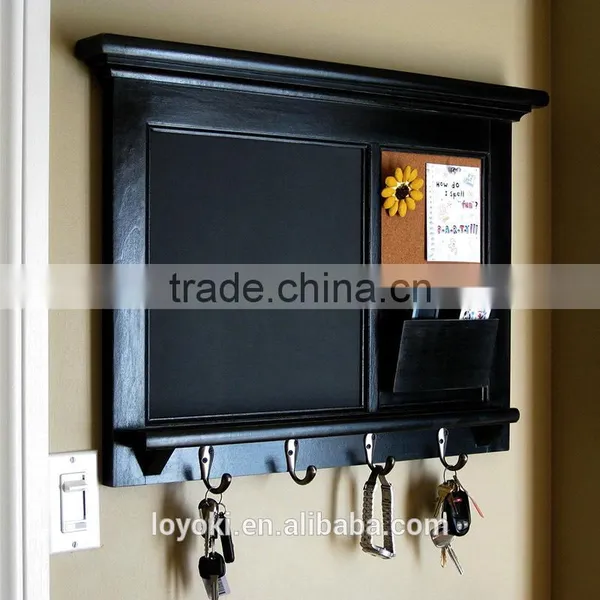 Home Decor Wood Wall Mounted Bulletin Board Entryway Chalk Board Mail Sorter Rack With Key Hooks and BlackBoard photo-3