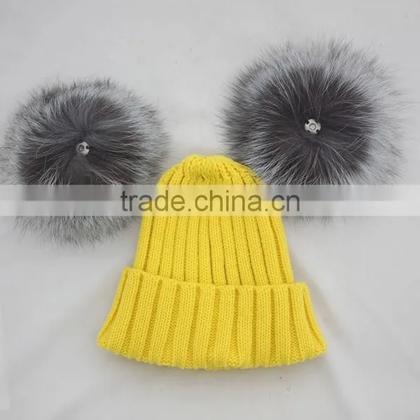 Myfur Yellow Color Wool Knitting Beanie Hat With Genuine Silver Fox Fur Pompoms photo-6
