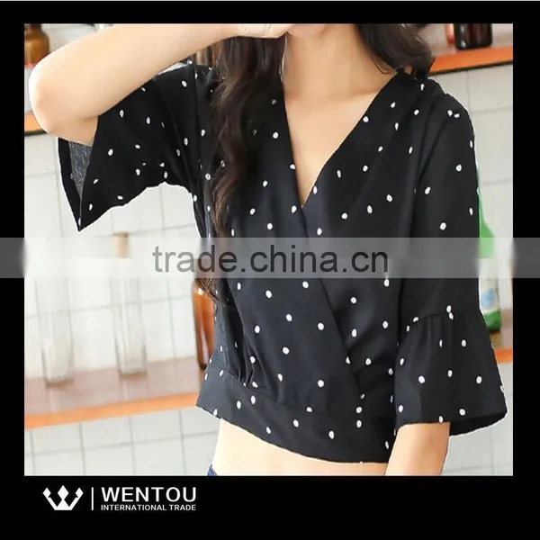 Wholesale Ladies Short Sleeve V Neck Dot Print Blouse photo-3
