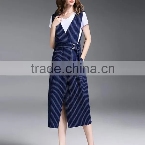 Fashion Women Sleeveless Striped Spaghetti Strap Dresses New Design Denim Maxi Dress photo-3