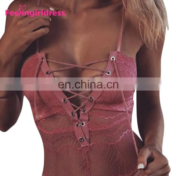 Sexy Transparent Bodysuit Women Crotchless Transparent Sexy Pink Lace Bodysuit photo-2
