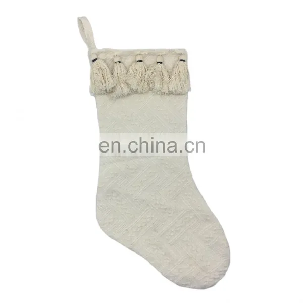 Wholesale Decorative 100%cotton Beige Jacquard Chunky Tassels Christmas Socking for Christmas