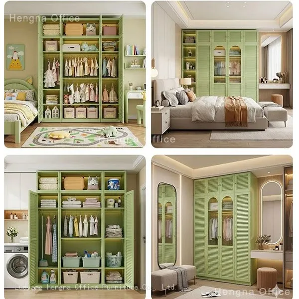 Luxury Bean Green Steel Armoire – SAW007 | Stylish Arched Glass Doors | Custom Modular Bedroom Furniture for High-end Apartments & Hotel Suites