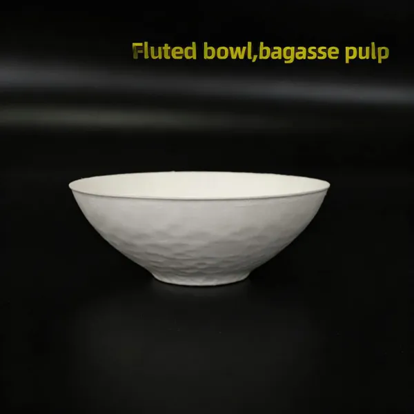 Bol jetable en pâte de bagasse nervuré, bol à surface cannelée et texturée, bol biodégradable en papier de canne à sucre, vaisselle compatible micro-ondes et sans PFAS.