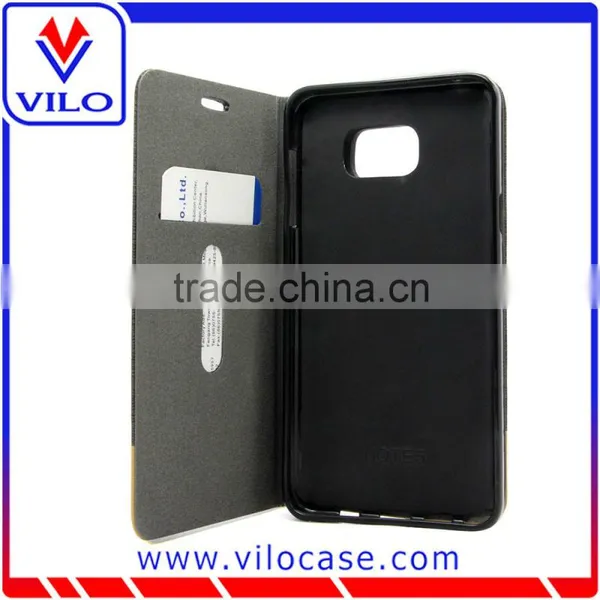 Built-in-stand Fabric Folio Cover Leather Case With Credit Card Slot for Samsung Note 5 photo-3