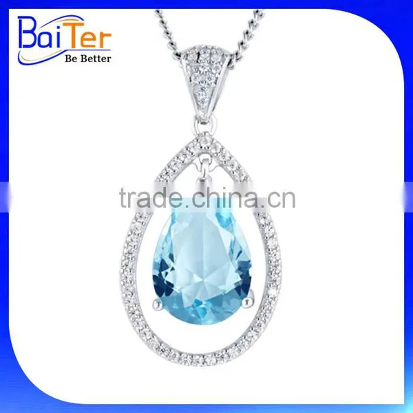 Fashion Rhodium Plated Cubic Zircon CZ 925 Sterling Silver Lab Created Aquamarine Pendant photo-2