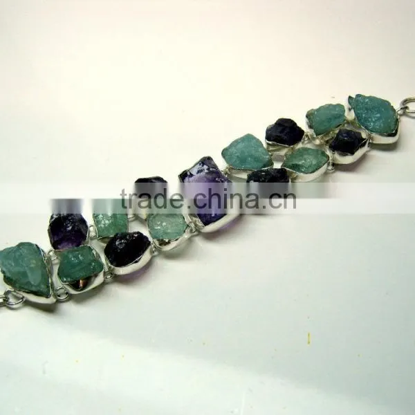 Rough Aquamarine & Amethyst Natural Gemstones 925 Sterling Silver Raw Bracelet