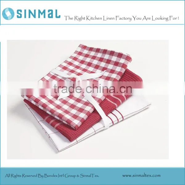 Tea Towel Set-Red Check-Waffle Stripes-Red Plaid Dish Towel Set