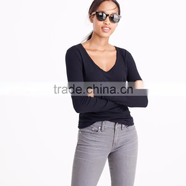 Plain Women Fitted Blank T-shirts Vintage Cotton Long-sleeve Scoop Neck Cheap T-shirts Design Sports T-shirts photo-2