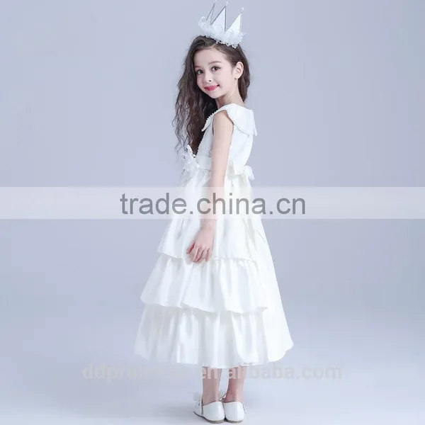Summer Kids Dresses for Girls European Style Long Round Neck White Kids Frilly Dresses photo-4