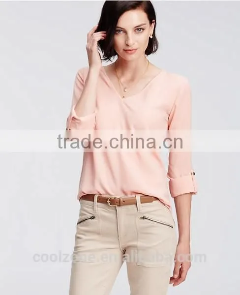 New Fashion High Quality Crepe v Neck Long Sleeve Woman Blouse photo-2