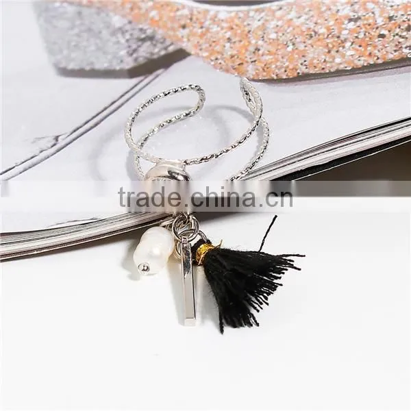 New Fashion Silver Tone White Tassel Clear Rhinestone Pearl Open Rings photo-2