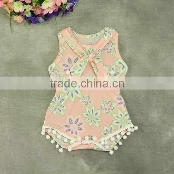 Baby Girls' Cotton Sleeveless Full Flower Print Pom Pom Romper photo-3