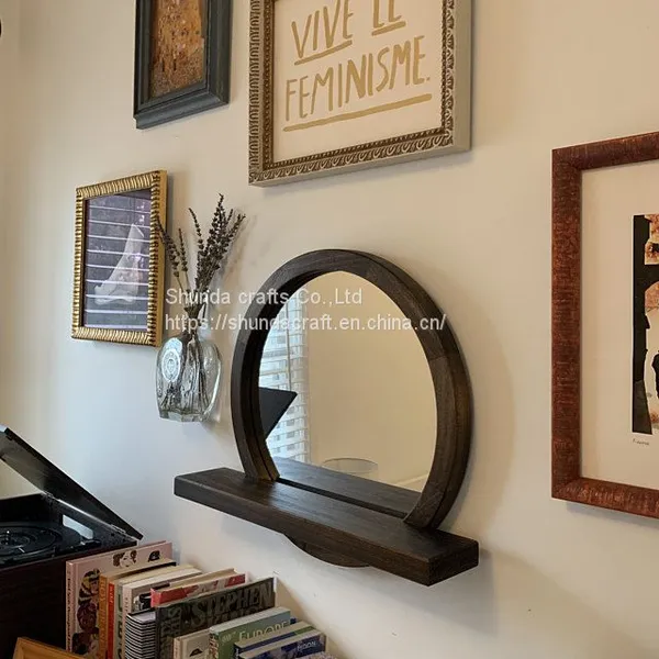 Wall Mounted Round Moon Mirror With Shelf Hanging Storage Display Glass Mirror Wall Decor for BathRoom photo-5