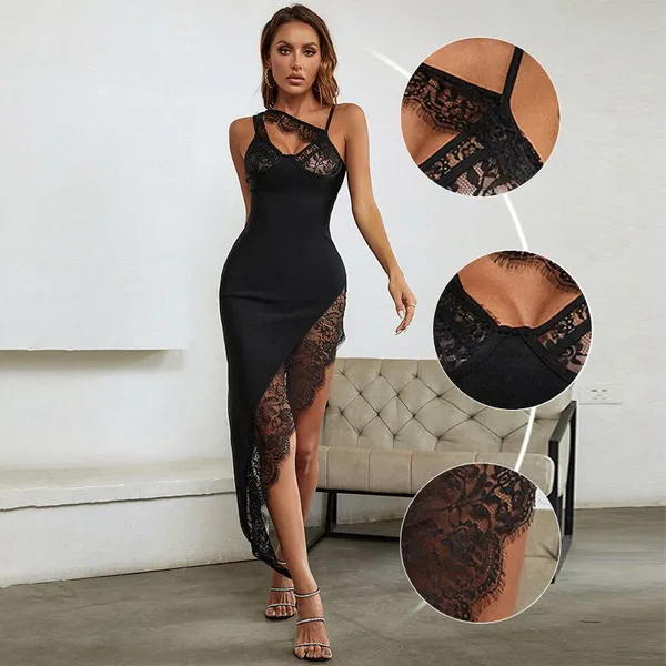 Lace Perspective Sexy High Slit Bandage Dress Big-name Dress photo-2