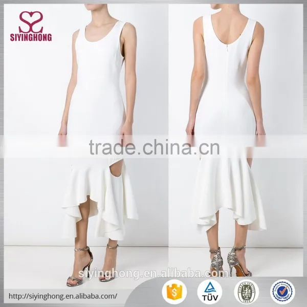 Fashion Sleeveless Design Pure White Dress Scoop Neck Cut-out Peplum Hem Women Sexy Dress Supplier's Choice