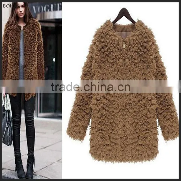 2015 Stylish Imitation Lamb Wool Women Winter Faux Fur Long Overcoat photo-2