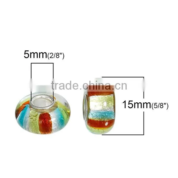 Round Silver Plated Core Stripe Multicolor Transparent Lampwork Glass European Style Large Hole Charm Beads photo-2