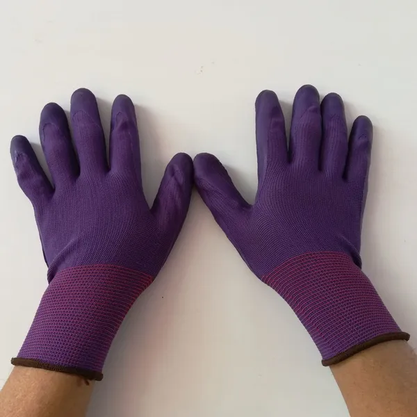 Purple Polyester Thread 13 Gauge Knitted Purple Foamed Wrinkled Latex Palm Coated Safety Work Gloves photo-3