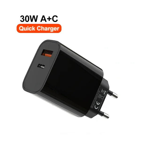 30W USB-C and USB-A GaN QC3.0 Fast Charging Adapter PD Fast Charger Compact Wall Adapter for IPhone Samsung and IPad