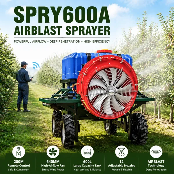 Remote Control Agricultural Airblast Sprayer SPRY600A 600L Chemical Sprayer With 640mm Fan and Adjustable Track Design