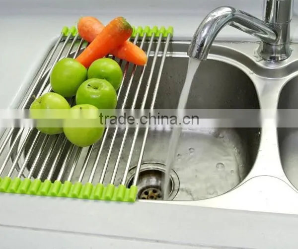 2016 Silicone Handy Stainless Steel Foldable Drainer Fruit and Vegetable Rack