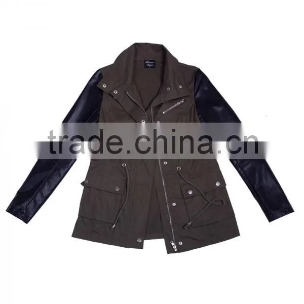 Fashion PU Sleeve Khaki Color Winter Parka Coats for Girls photo-5