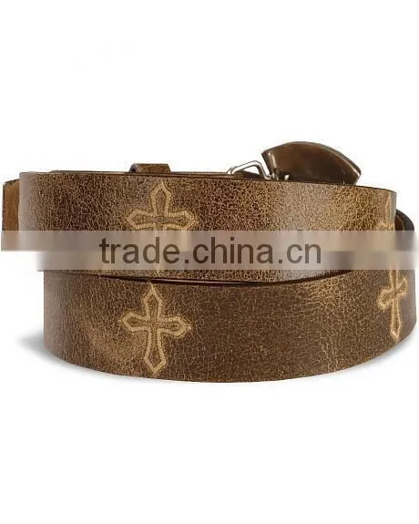 Western Crackled Brown Leather Belt Cross Stitch Distressed Leather Rhinestones Belt photo-2