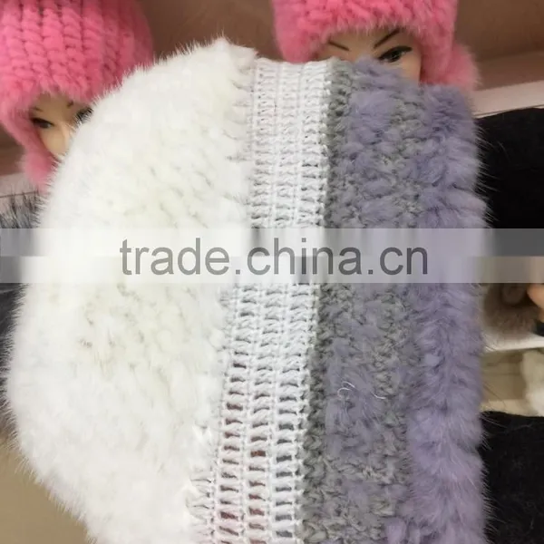 White Grey Fashion Grils Kintted Mink Fur Hat With Pom Pom photo-2