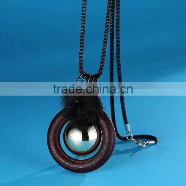 Silver Ball Wood Hoop Pompon Pendant Necklace Korea Retro Long Sweater Necklace Autumn Geometric Necklace photo-5