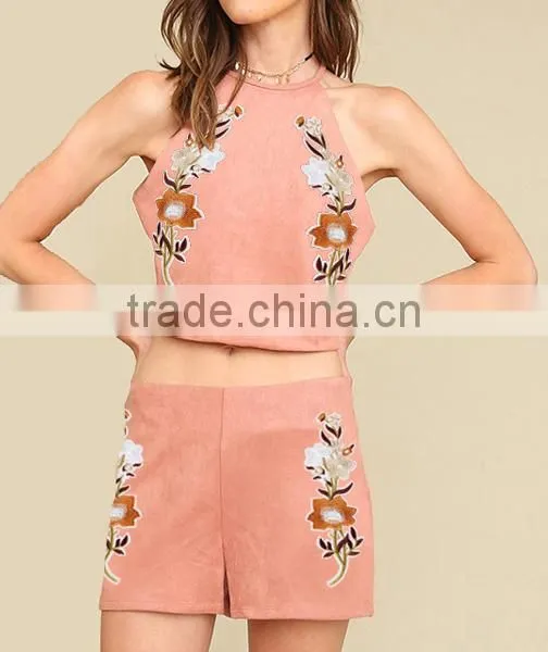 Two Piece Set Women Outfits 2017 With Embroidered Tank Top and Short photo-3