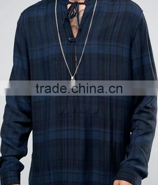 Long Sleeve Collarless Design Mens Pre-Shrunk 100% Viscose Lightweight Check Print Comfort Fit Casual Shirts photo-3