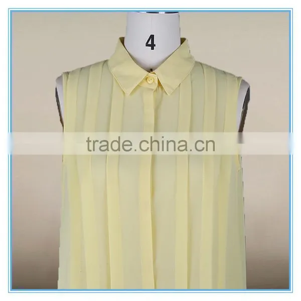 Fashion Ladies Fancy Sleeveless Tops Chiffon Yellow Shirt Pleated Design photo-2
