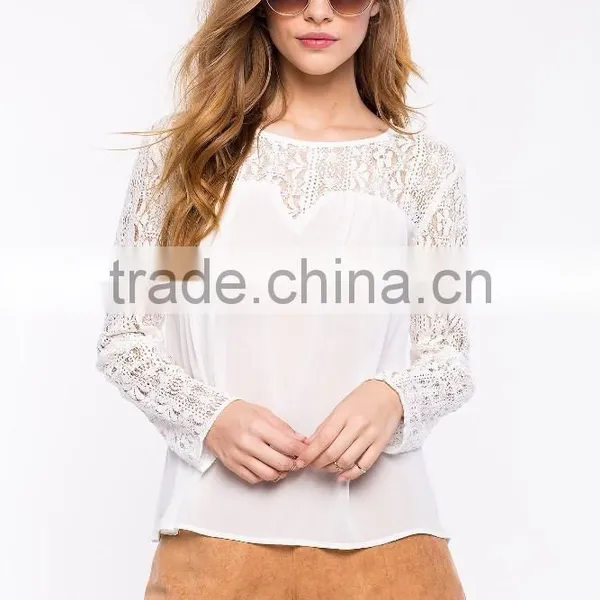 Contrast Solid Body Sweetheat Hem White Lace Blouse,women Crocheted Blouses photo-2