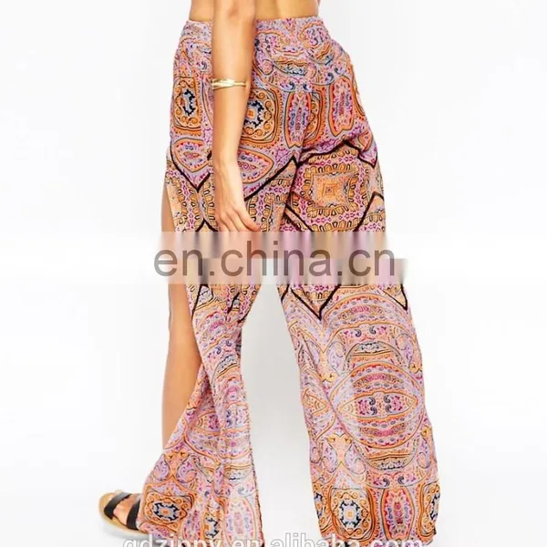 High Fashion Purple Graphic Print Split Beach Loosly Ladies Trousers Pants photo-5